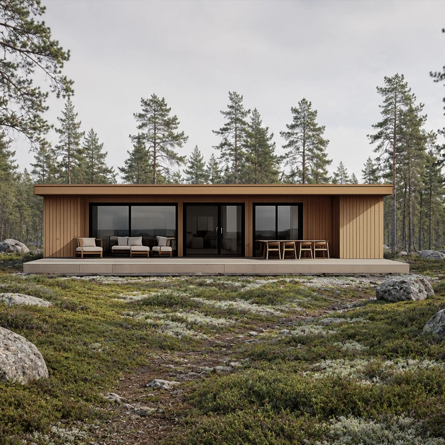 Casa modular MODU de una planta con fachada de madera natural, en un claro de bosque de pinos: cubierta plana, ventanales correderos de suelo a techo y terraza con sofás y mesa de comedor.