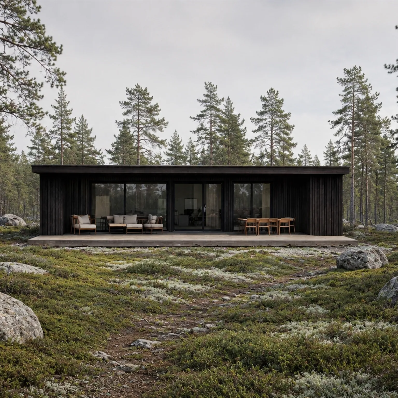 Casa modular MODU de una planta con fachada de madera carbonizada, en un claro de bosque de pinos: cubierta plana, ventanales correderos de suelo a techo y terraza con sofás y mesa de comedor.