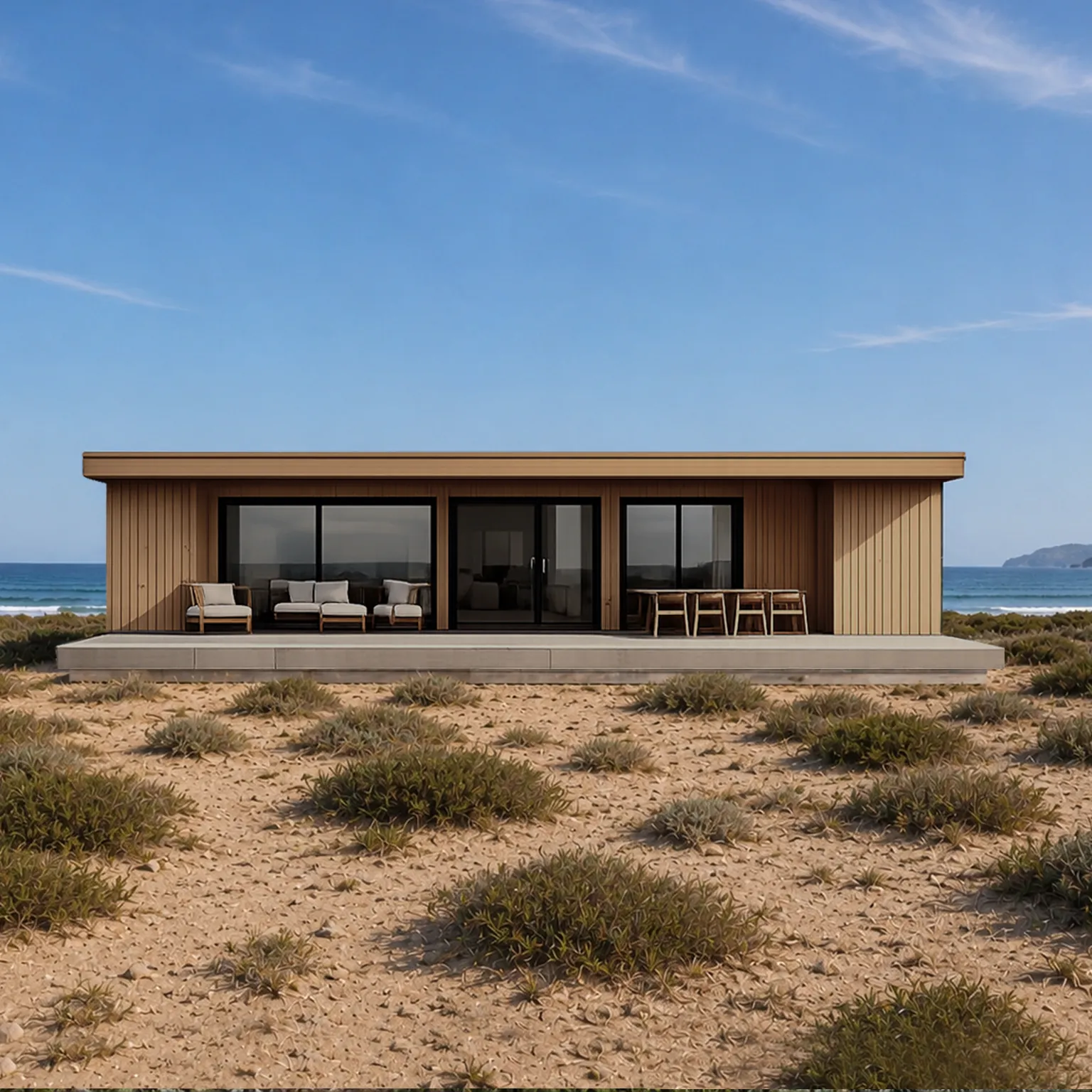 Casa modular MODU de una planta con fachada de madera natural, sobre una duna de arena y matorral bajo, frente al mar y bajo un cielo despejado.