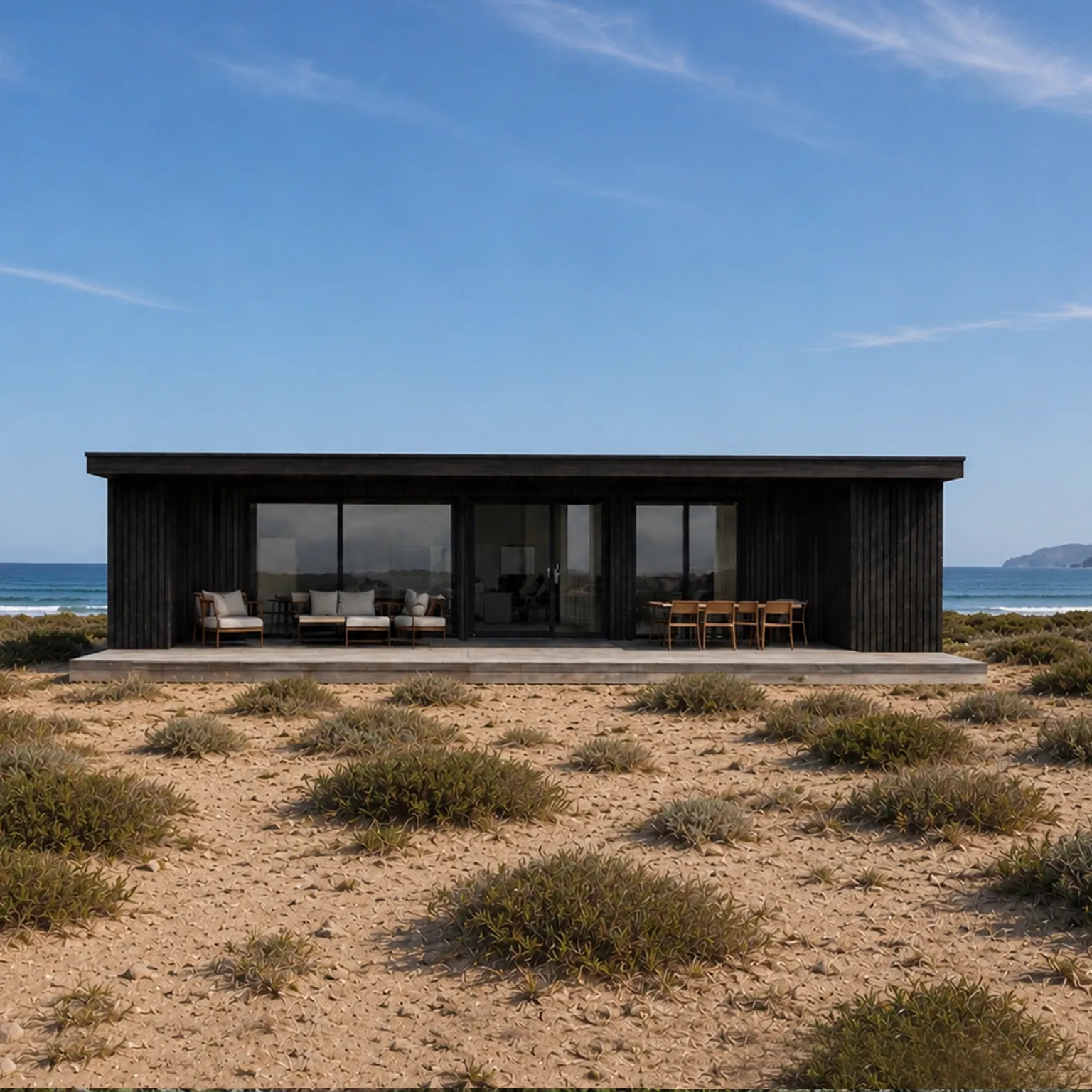 Casa modular MODU de una planta con fachada de madera carbonizada, sobre una duna de arena y matorral bajo, frente al mar y bajo un cielo despejado.