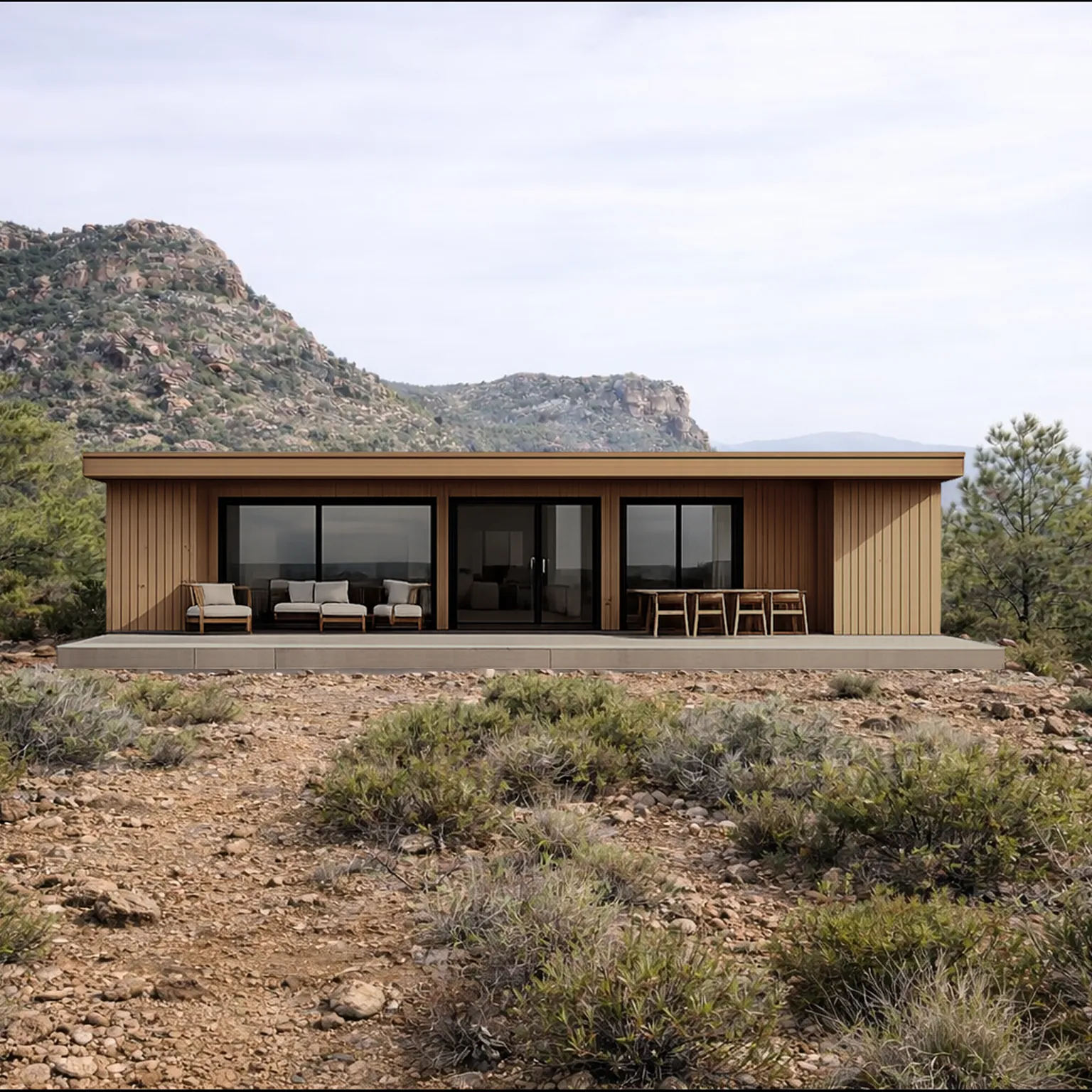 Casa modular MODU de una planta con fachada de madera natural, en un terreno rocoso de montaña con crestas de roca al fondo.