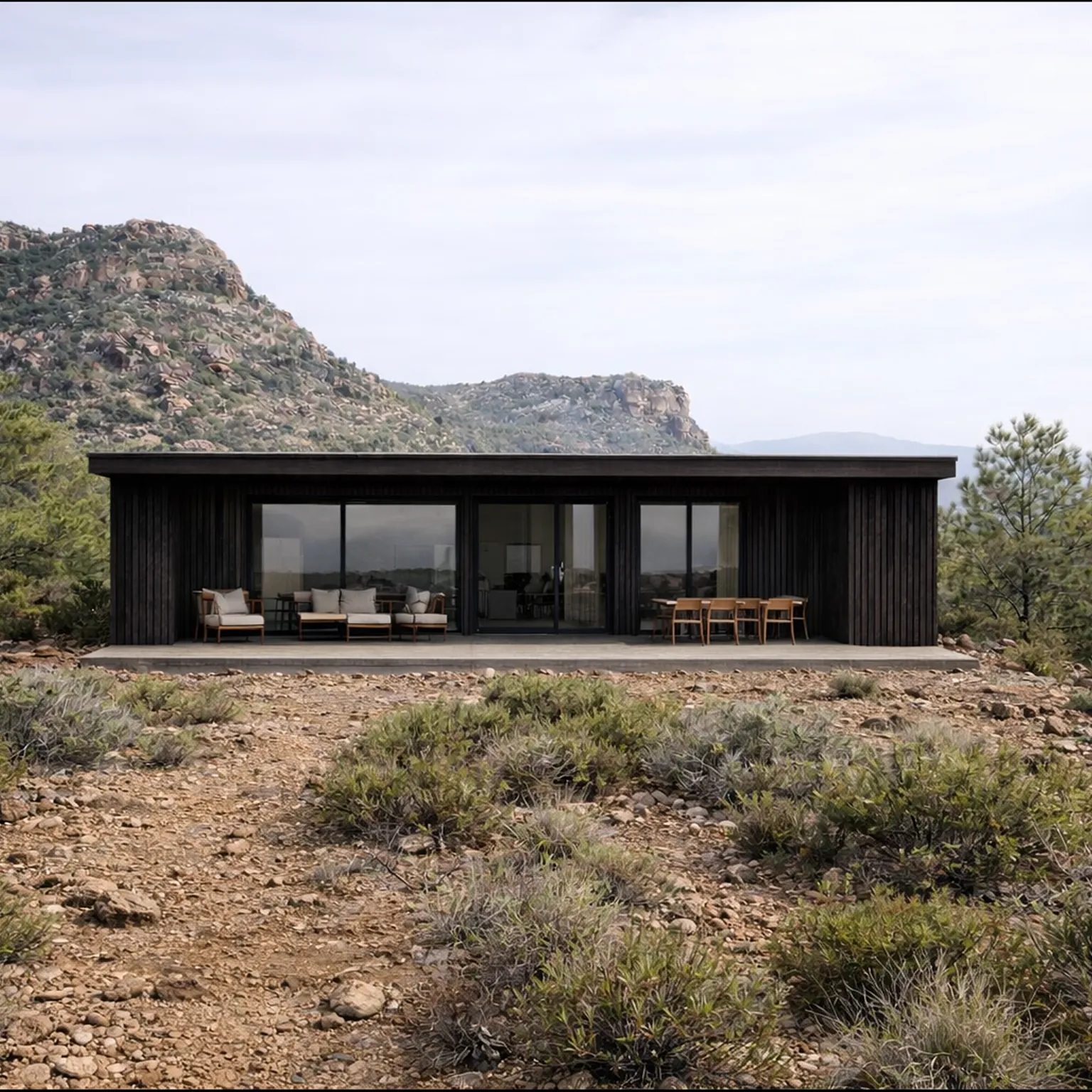 Casa modular MODU de una planta con fachada de madera carbonizada, en un terreno rocoso de montaña con crestas de roca al fondo.