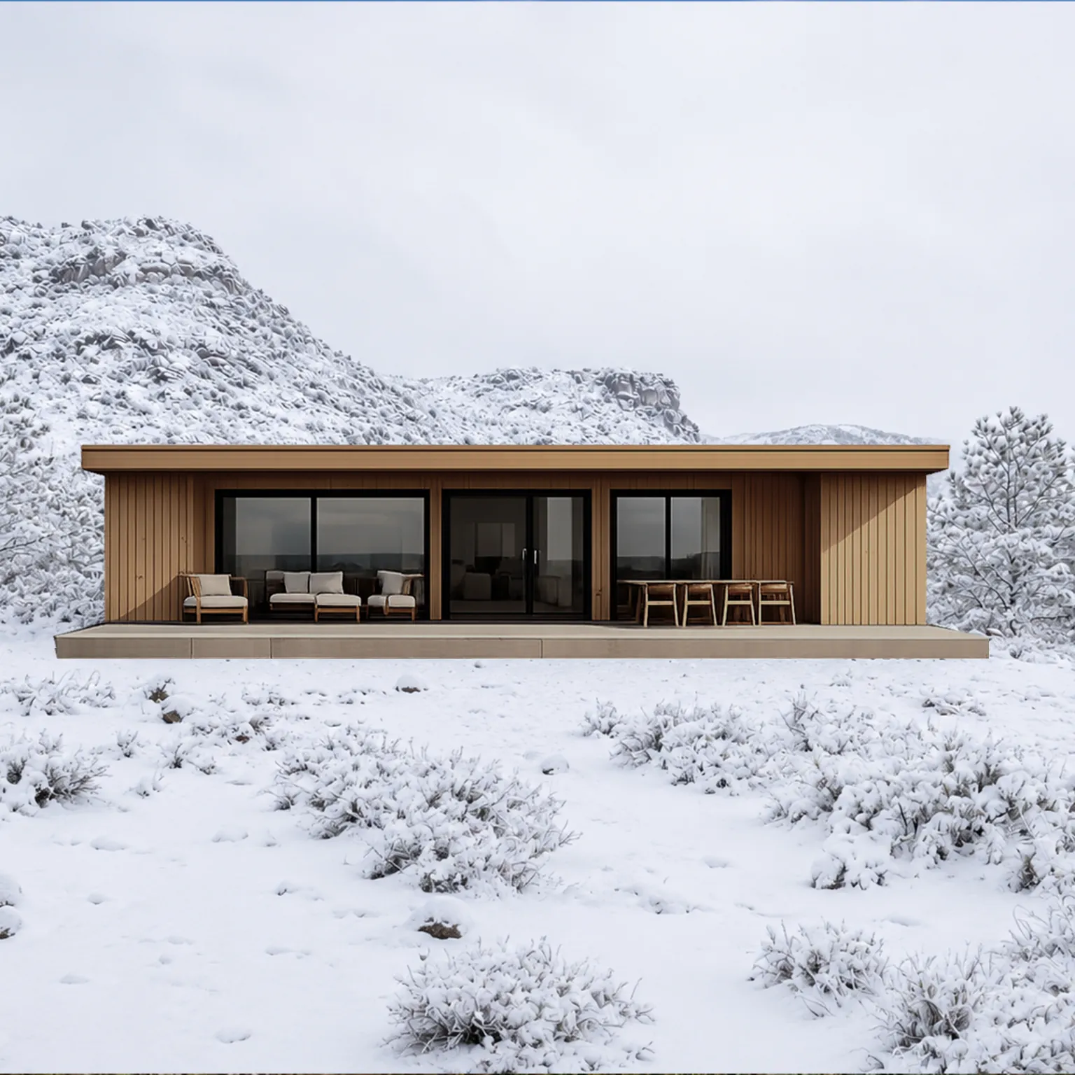Casa modular MODU de una planta con fachada de madera natural, en un paisaje nevado con una loma rocosa al fondo. La terraza y los ventanales se abren al paisaje.