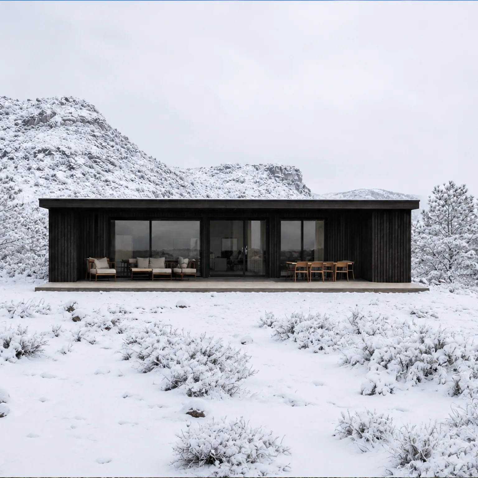 Casa modular MODU de una planta con fachada de madera carbonizada, en un paisaje nevado con una loma rocosa al fondo. La terraza y los ventanales se abren al paisaje.
