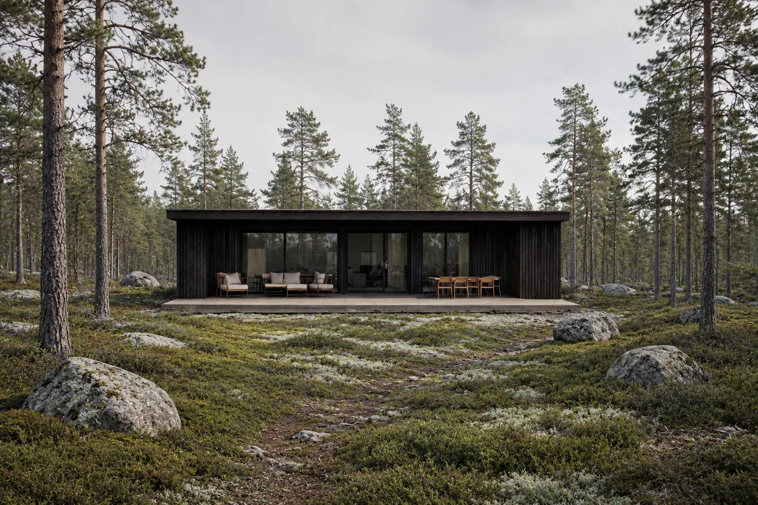 Casa modular MODU de una planta con fachada de madera carbonizada en un claro de bosque de pinos, con la terraza amueblada y los ventanales abiertos al bosque.