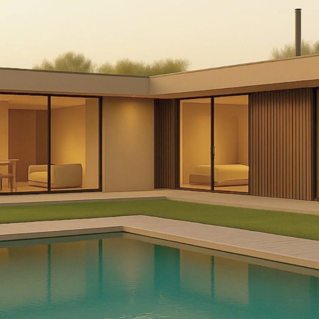 Casa modular MODU Costablanca: planta en ángulo con cubierta plana y listones de madera, con el salón y el dormitorio abiertos a la piscina y al césped.