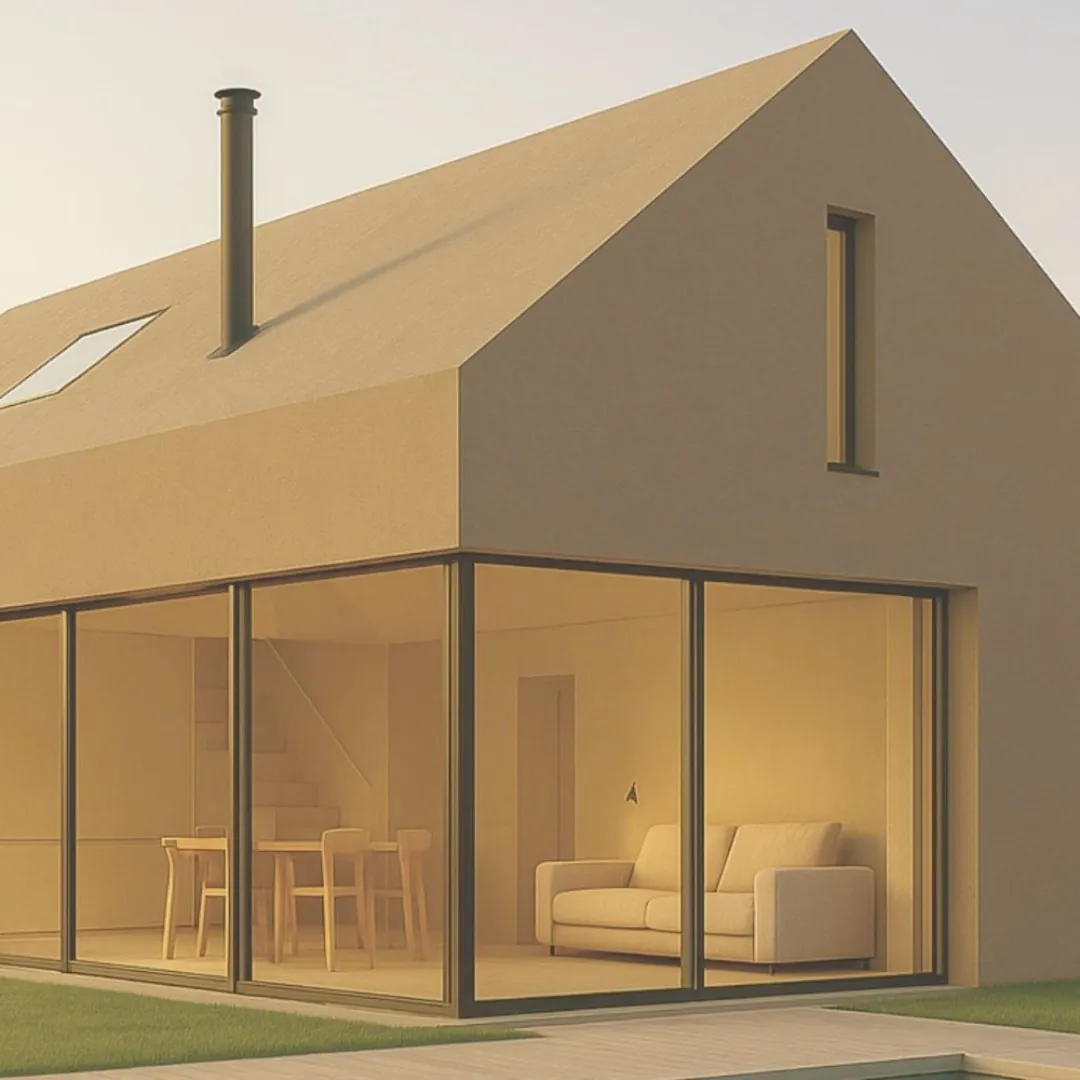 Casa modular MODU Terra: volumen compacto con cubierta a dos aguas y ventanal de esquina de suelo a techo sobre el salón comedor.