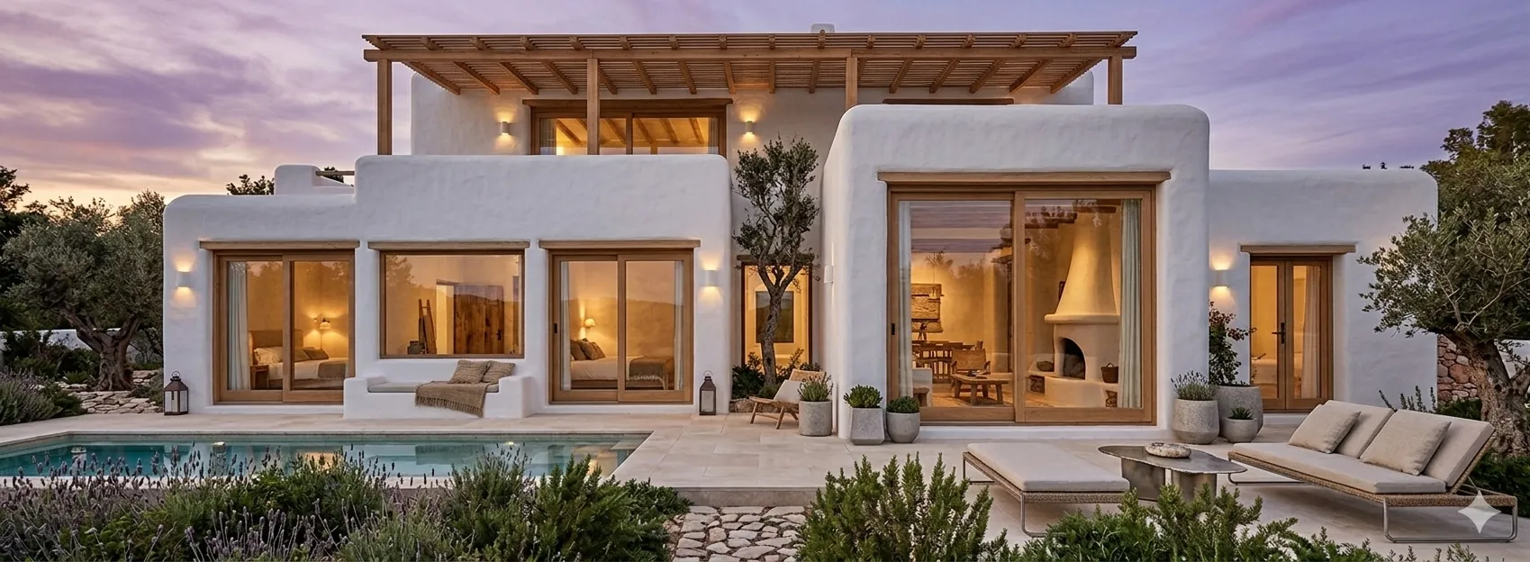 Casa modular MODU de volúmenes encalados al atardecer, con pérgola de madera, piscina y jardín mediterráneo.