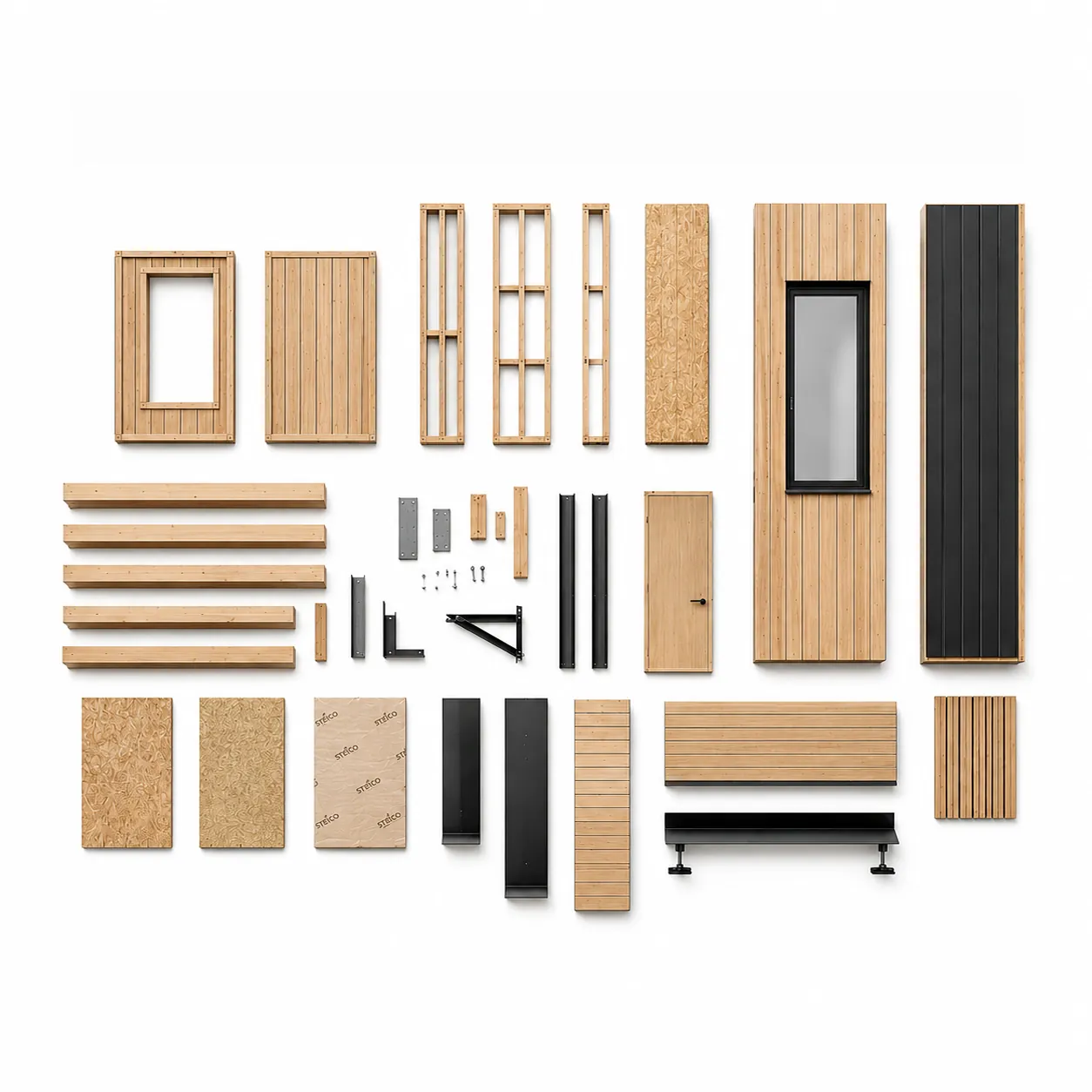 Componentes de una casa modular MODU ordenados sobre fondo blanco: estructura de madera, paneles OSB, listones de fachada, una ventana y una puerta.